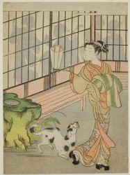 Cortesã olhando para trás para as sombras no shōji