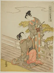 Paródia da cena de puxar a armadura (Kusazuribiki), da série "Fashionable Parodies of Bravery in Love (Furyu mitate iro-buyu)"