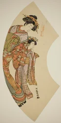 A cortesã Hanaogi do Ogiya e seu atendente, da série "Fãs do Oriente (Azuma ogi)"