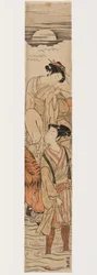 Young Couple Crossing a River in Moonlight (impressão em bloco de madeira a cores)