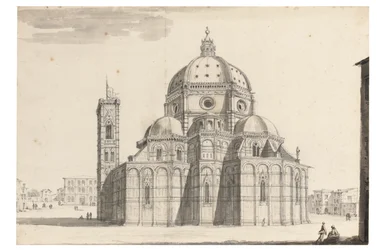 O Duomo e Campanile, Florença (giz preto, caneta e tinta cinza, lavagem marrom e cinza em papel com dispositivo de marca d&39;água)
