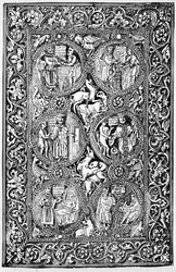 Uma cópia da capa de marfim da rainha Melisendes Psalter, reproduzida em The Crusades: a história do Reino Latino de Jerusalém por TA Archer, 1894