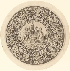 Ornamento circular com músicos tocando perto de um poço, c. 14951503.