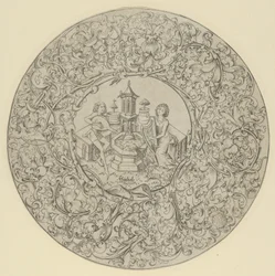 Jardim do amor, dentro de grande moldura circular ornamentada.