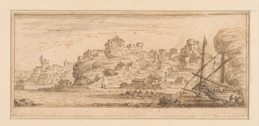 Vista costeira com um navio a ser remodelado do lado direito
Desenhos para uma série impressa com paisagens costeiras (título da série)