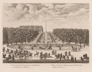 Vista do Palácio de Versalhes, do lado do corredor e da fonte do dragão, 1676.
