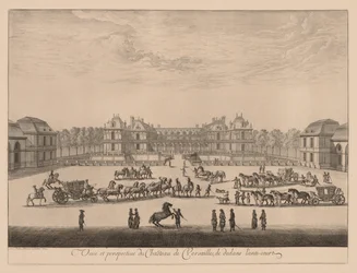 Vista e perspectiva do Palácio de Versalhes, de dentro do anti-pátio