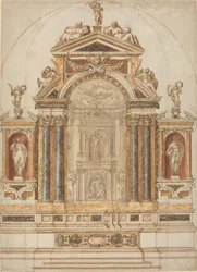 Um elaborado altar de mármore colorido ornamentado com esculturas