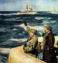A viagem de Mussolini à Líbia. Duce revê a frota italiana. 1926. Fotografia colorida.