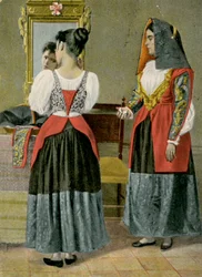 Duas mulheres com trajes tradicionais, Sennori, Sardenha, Itália, fotografia de G Dessi, Cagliari