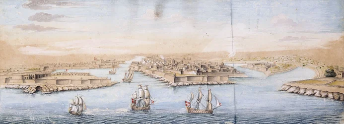 Vista panorâmica de Valetta do mar, com Men-o-War entrando no porto,