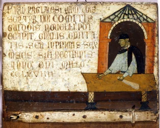 Um camerlengo, representando o pagamento de impostos. Biccherna (capa do registo contabilístico da cidade de Siena) de 1270. Arquivo de Estado, Museo delle Tavolette di Biccherna, Siena.