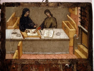Um camerlengo e um cobrador de impostos no gabinete, Biccherna (capa do registo contabilístico da cidade de Siena) de 1394. Arquivo Nacional - Museo delle Tavolette di Biccherna, Siena