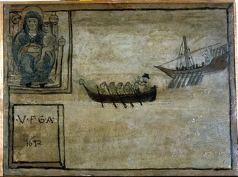 Um barco napolitano é perseguido por uma galera barbaresca. Ex voto de 1612 da Igreja da Madonna dell
