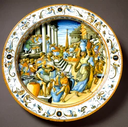 Um congiário (congiarium) na Roma Antiga (distribuição gratuita de vinho e azeite ao povo). Prato de cerâmica produzido por volta de 1550 em Urbino, na oficina Fontana, Itália. Florença, Museu Nacional do Bargello