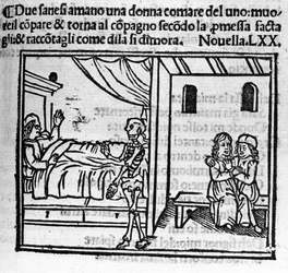 Um homem apaixonado pela mulher do amigo o substitui no lar matrimonial quando ele morre. Ilustração para a notícia 70 (notícia 10 do sexto dia) do "Decameron" de Giovanni Boccaccio dit Jean Boccaccio (1313-1375), escritor italiano. Gravura em "Decame