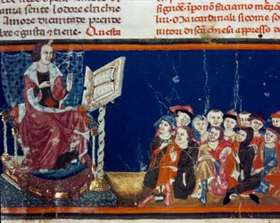 Um mestre e os seus alunos, miniatura da escola florentina proveniente de uma edição do «Pater noster» de Ser Zucchero Bencivenni (MS.II.VI 16), início do século XIV, Florença, Biblioteca Nacional