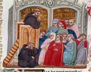 Um predicador que se dirige a uma multidão de fideles miniatura do "Decret de Gratien" ("Concordia discordantium canonum" ou "Decretum Gratiani") datando de 1140 e regulando as leis e cânones da Igreja Católica Romana. Século XIV Siena, Biblioteca
