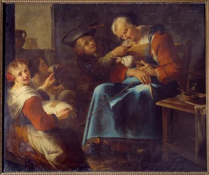 Um velho cineasta adormecido rodeado de crianças Pintura da Escola Italiana. Século XVII Laon, Museu de Belas Artes