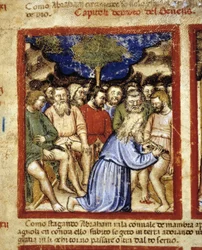 Abraão circuncidando os judeus, ilustração de "O Códice de Pádua" 1390-1400
