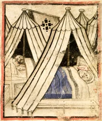 Adicionar 15277 f.51 Os israelitas se entregam à imoralidade sexual com as mulheres moabitas em suas tendas, c.1350-99 (velino)