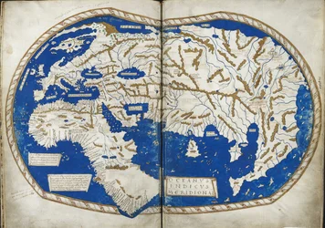 Adicionar 15760 f.68v-69 Mapa do mundo, de "Insularium Illustratum", de Enrico Martello, sendo um relato das ilhas, principalmente do Mediterrâneo, com planos coloridos, italiano, c.1470 (vellum)