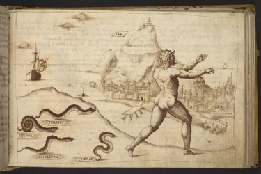 Adicionar. 82955, f.133   Cobras perseguindo uma figura humana.  , da Historia Animalium, (composto por 245 desenhos a bico de pena de diferentes espécies de animais e criaturas míticas, cada um acompanhado por uma descrição.)    1595