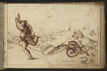 Adicionar. 82955, f.134 Figura humana perseguida por serpentes., de Historia Animalium