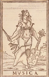 Página "Alegoria da música" do ensaio "Somma di tutte le scienze" de Aurélio Marinati (século XVI)