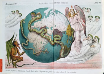 Alegoria do Império Britânico a estrangular o mundo, caricatura satírica de Le Perroquet (Il Papagallo), 1878