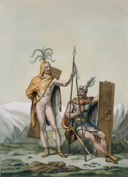 Antigos guerreiros celtas vestidos para a batalha, c. 1800-18