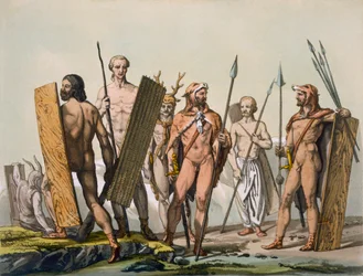 Antigos guerreiros celtas vestidos para a batalha, com um xamã, c. 1800-18