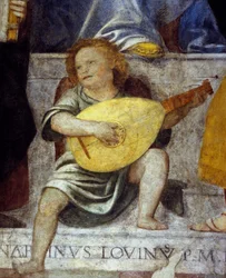 Músico anjo tocando alaúde. Detalhe de um afresco do século XVII de uma igreja em Milão.