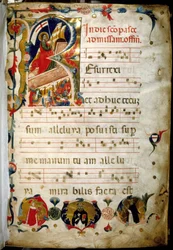 Antifonário (manuscrito de música sagrada) com retrato de Doge Marino Zorzi no canto inferior esquerdo.