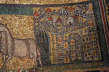 Detalhe da abside, Belém e ovelhas (mosaico)