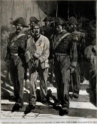 Prisão de Giovanni Passannante (1849-1910), que realizou o ataque ao rei italiano Umberto I (Humbert I), em Nápoles, em 1878. Este evento inspirou o poeta Giovanni Pascoli (1855-1912) em uma Ode. Gravura do século XIX