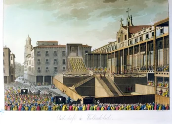 Auto da Fé em Valladolid, de Le Costume Ancien et Moderne por Jules Ferrario, gravado por Bramati e Raineri, publicado em Milão, c.1820