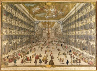 Bola em homenagem ao nascimento do arquiduque Pietro Leopoldo da Áustria, no Teatro Ducal de Milão, em 28 de maio de 1747 (gravura colorida)