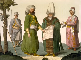 Paxá (comandante militar), um paxá em traje de batalha, guarda-costas do paxá e pajem, prancha 18 da parte III, volume I de A História das Nações, gravada por D. K. Bonatti
