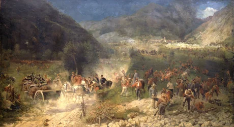 Batalha de Bezzecca: os voluntários de Giuseppe Garibaldi lutam contra os austríacos em 21/07/1866. Museo del Risorgimento. Milão.