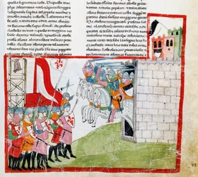 Batalha de Montaperti, miniatura de Pacino di Buonaguida (ca. 1280- antes de 1340) de Nuova Cronica, de Giovanni Villani, manuscrito Chigiano L VIII 296