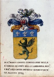 Brasão da família Greppi de Milão, capacete de armadura, flor-de-lis e dragão. Arquivo do Estado de Milão do século XVIII