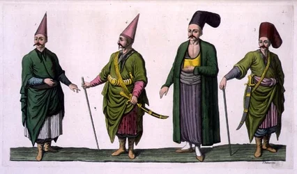 Bostandji, Khasseki e outros exemplos de trajes otomanos, estampa 5 da Parte III, Volume I de «A História das Nações», gravada por V. Raineri