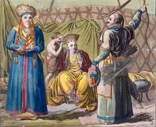 Família Buryat em um interior, de Costume dei ... por Giulio Ferrario, c.1820s-30s (litho colorido à mão)