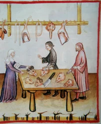 Massacrando cabeças de animais. Iluminação do Codex Vindobonensis Série Nova 2644 (fol.76v), Tacuinum Sanitatis