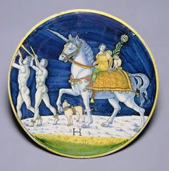C.86-1927 Prato que representa o cavalo de César do Triunfo de César, atribuído a Jacopo di Pietro, italiano, de Caffaggiolo