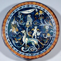 Cafaggiolo faience cup decora animais fantásticos. 1510-1520 Paris, Museu do Louvre