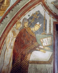 Cardeal Ugolino di Ostia (depois Papa Gregório IX), consagrando a capela, Capela de São Gregório, c.1224