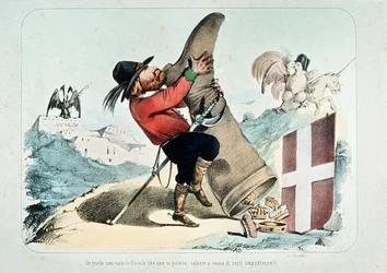Caricatura de Giuseppe Garibaldi a esvaziar uma bota (Itália) cheia de coroas, por Litografia Perrotta