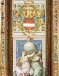 Decoração de teto representando duas figuras femininas que sustentam um globo: acima é uma representação do brasão dos Medici
